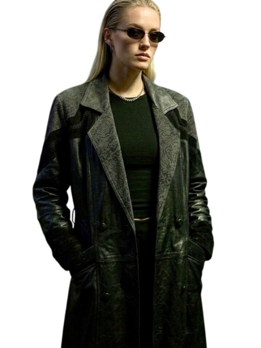 VTG 80s Black Leather Long Trench Duster Coat M Intricate Burnout Suede